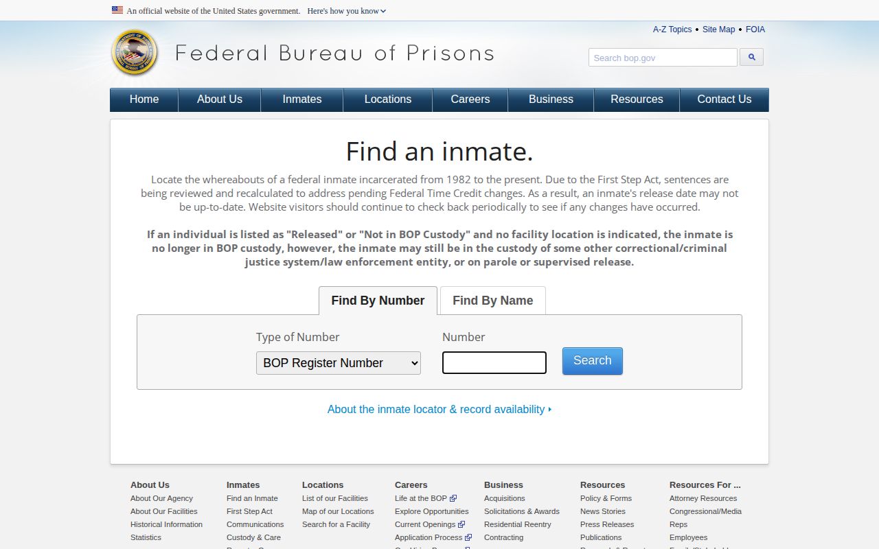 Federal BOP release locator for a Highland County custody search